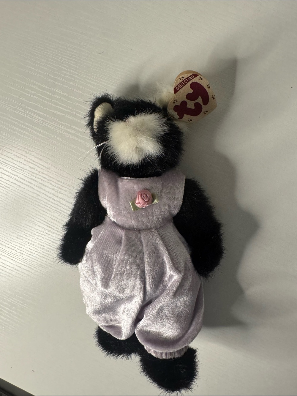 Ty Black & White Cat Beanie Baby in Lilac Outfit
